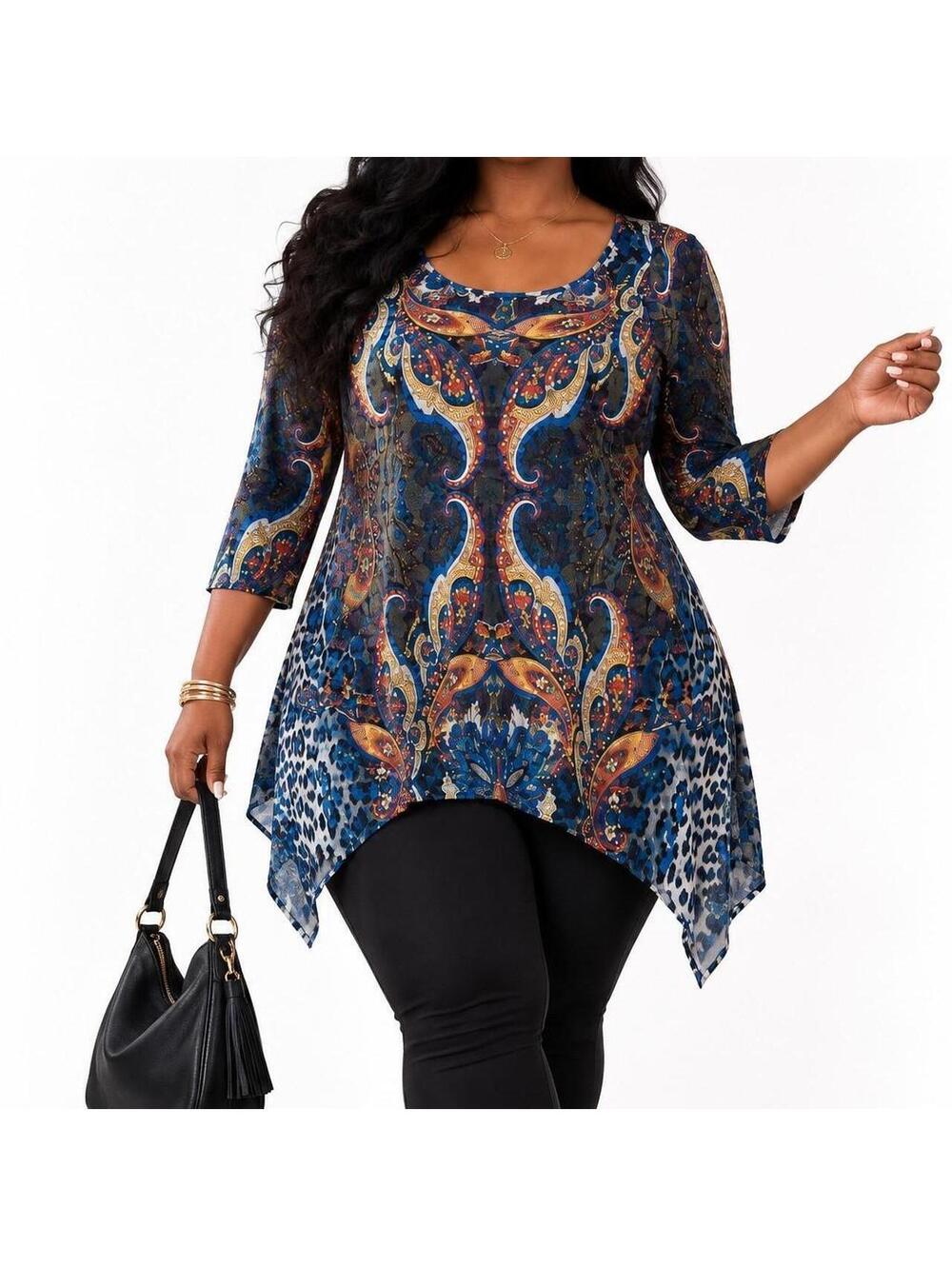 Boho Paisley Animal Print Handkerchief Tunic | White Mark 1XL